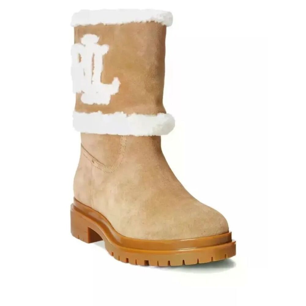 Ralph Lauren Logo Suede Shearling-Trim Chestnut Mid-Calf Winter Boot Size 9